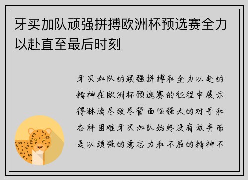 牙买加队顽强拼搏欧洲杯预选赛全力以赴直至最后时刻